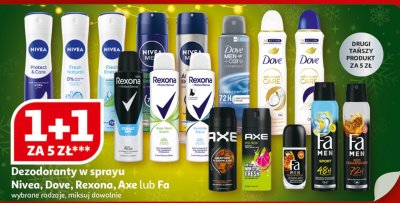 Dezodoranty w sprayu Nivea, Dove, Rexona, Axe lub Fa promocja w Auchan