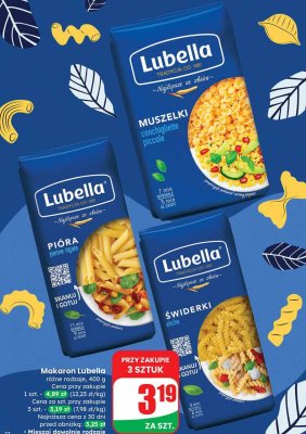 Makaron Lubella różne rodzaje: Muszelki conchigliette piccole, Pióra penne rigate, Świderki eliche promocja w Dino