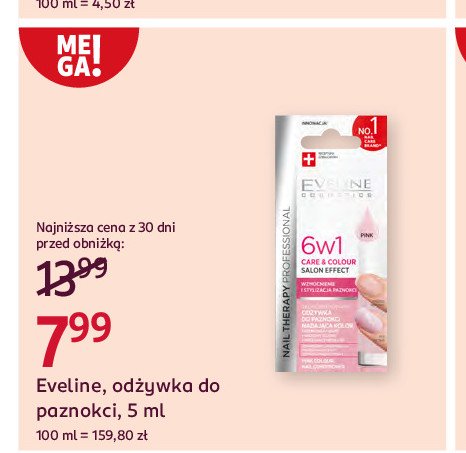 Odżywka do paznokci 6w1 care&colour nadająca kolor nude Eveline nail therapy professional promocja w Rossmann