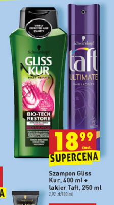 Szampon do włosów + lakier do włosów Gliss kur bio tech restore + taft ultimate promocja
