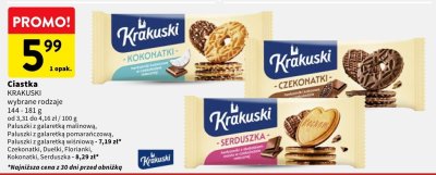Ciastka Krakuski wybrane rodzaje Paluszki z galaretką malinową, Paluszki z galaretką pomarańczową, Paluszki z galaretką wiśniową, Czekonatki, Duełki, Florianki, Kokonatki, Serduszka promocja w Intermarche