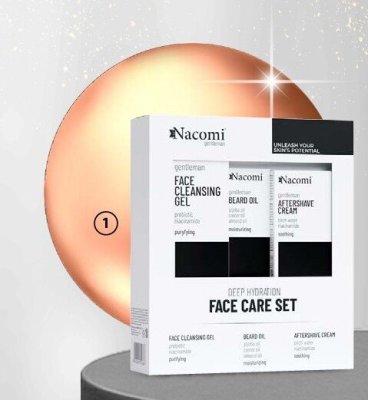 Zestaw kosmetyków NACOMI Gentleman żel do mycia twarzy 140ml + olejek do brody i zarostu 40ml + krem po goleniu z mikrobiomem skóry 50ml promocja w Hebe