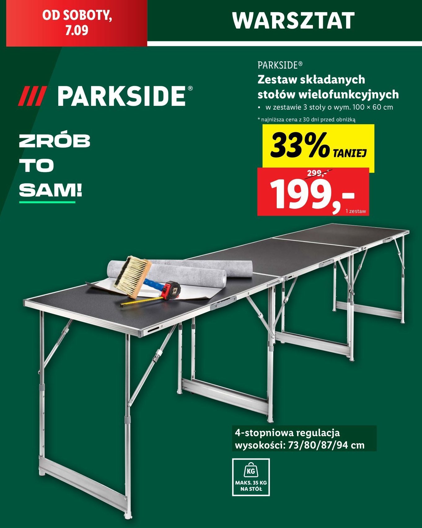 Zestaw składanych stołów 100 x 60 cm Parkside promocja