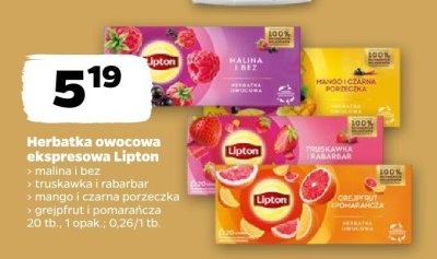 Herbatka owocowa ekspresowa Lipton malina i bez, truskawka i rabarbat, mango i czarna porzeczka, grejpfrut i pomarańcza promocja w Netto