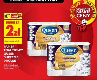 Papier toaletowy Supreme, 9 rolek DRUGI ZA 2 ZŁ promocja w Biedronka
