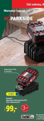 Akumulator litowo-jonowy 20 V, 2 Ah z ładowarką 20 V Parkside promocja w Lidl