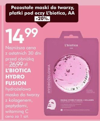 Maska do twarzy s kokolanem L'biotica Hydro Fusion, peptydami, witaminą C promocja w Super-Pharm
