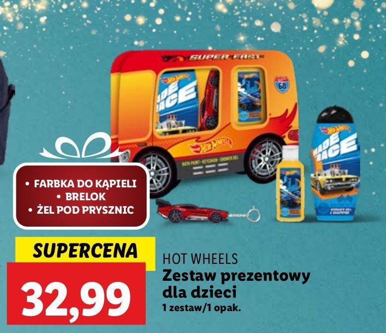 Zestaw w pudełku super fast: żel+szampon + farbka do kąpieli + breloczek Hot wheels promocja