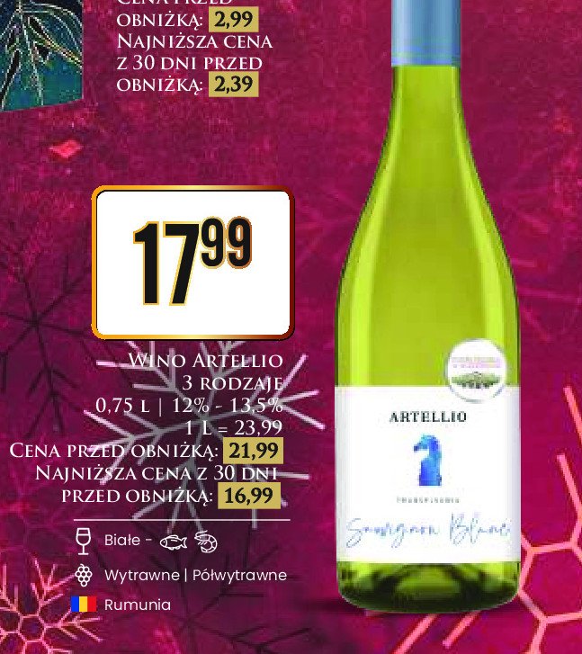 Wino Artellio sauvignon blanc promocja w Dino