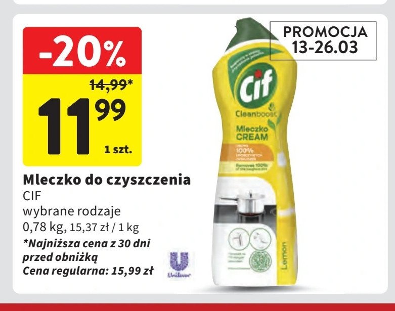 Mleczko do czyszczenia z mikrokryształkami lemon Cif cream promocja w Intermarche