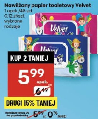 Nawilżany papier toaletowy Velvet promocja w Delikatesy Centrum