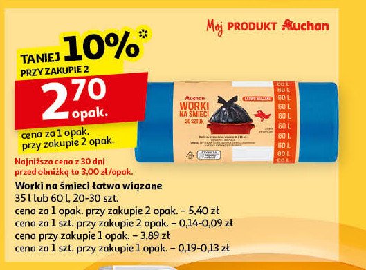 Worki na śmieci łatwo wiązane 35 l Auchan promocja