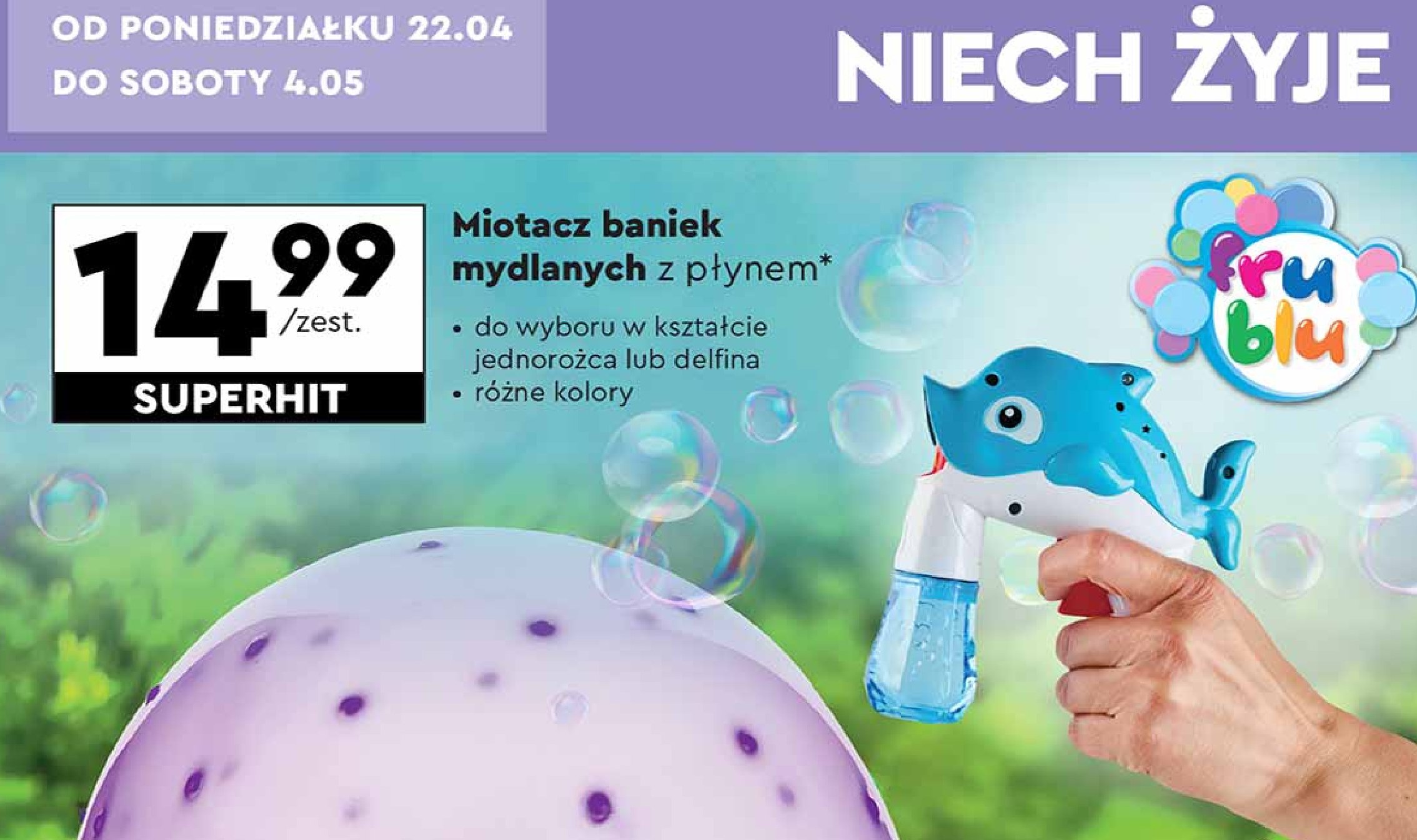 Miotacz baniek mydlanych z płynem - delfin Fru blu promocja w Biedronka