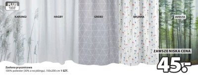 Zasłona prysznicowa 100% poliester (różne wzory: KARUNGI, HAGBY, GREBO, BRUNNA, AVESTA) promocja w Jysk