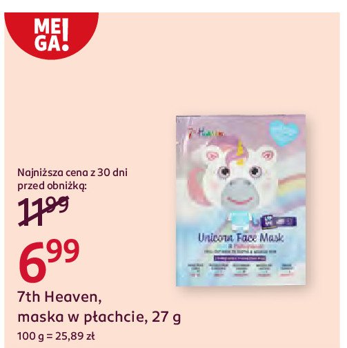 Maska w płachcie unicorn 7th heaven promocja w Rossmann