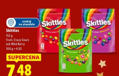 Czekolada Skittles Fruit, Crazy Sours lub Wild Berry promocja w Lidl