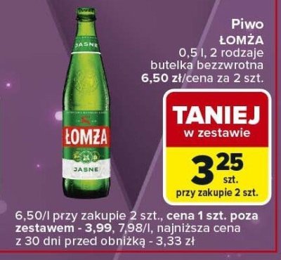 Piwo ŁOMŻA 0.5 l, 2 rodzaje butelka bezwrotna promocja w Carrefour Express