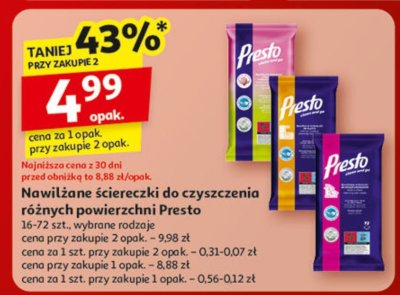 Nawilżane ściereczki do czyszczenia różnych powierzchni Presto 16-72 szt., wybrane rodzaje promocja w Auchan