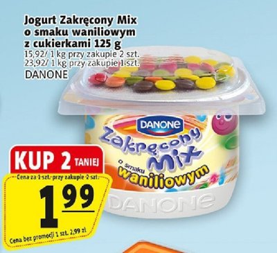 Jogurt Zakręcony Mix o smaku waniliowym z cukierkami 125g promocja w Prim Market