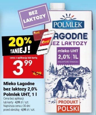 Mleko Łagodne bez laktozy 2,0% Polmlek UHT, 1 l promocja w Twój Market
