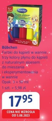 Farbki do kąpieli w wannie trzy kolory płynu do kąpieli z naturalnym aloesem do mieszania i eksperymentowania w wannie Bübchen promocja w Drogerie DM