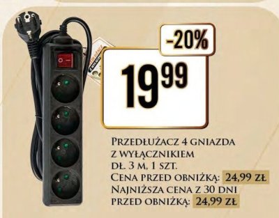Przedłużacz 4 gniazda z wyłącznikiem dł. 3 m promocja w Dino