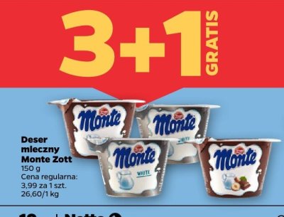 Deser mleczny Monte Zott 3+1 gratis promocja w Netto