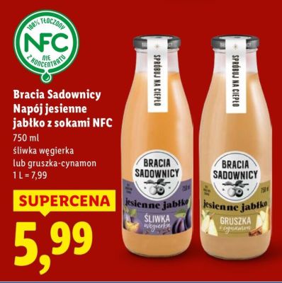 Napój jesienny Bracia Sadownicy jabłko z sokami NFC śliwka węgierka lub gruszka-cynamon promocja w Lidl