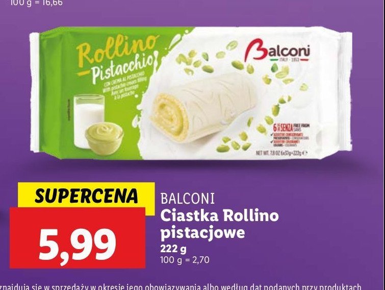 Ciastka rollino pistacja Balconi promocja w Lidl