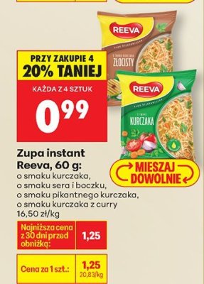 Zupa instant Reeva, 60 g: o smaku kurczaka, o smaku sera i boczku, o smaku pikantnego kurczaka, o smaku kurczaka z curry promocja w Biedronka