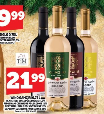 Wino Gamziri 0,75l Rkatsiteli białe półsłodkie 11,5% / Oranżowe białe półwytrawne 11,5% / Rkatsiteli białe półwytrawne 12% / Saperavi czerwone półsłodkie 13% promocja w TOPAZ