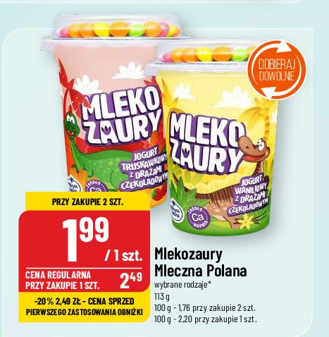 Jogurt truskawkowy z drażami czekoladowymi Mleczna polana mlekozaur promocja