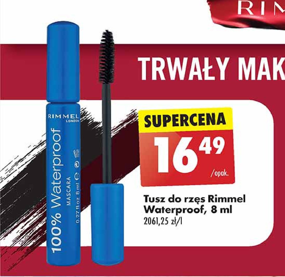 Tusz do rzęs 001 black black Rimmel 100% waterproof promocja w Biedronka