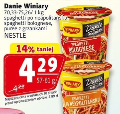 Danie Winiary Nestle spaghetti po neapolitańsku, spaghetti bolognese, puree z groszankami promocja w Prim Market