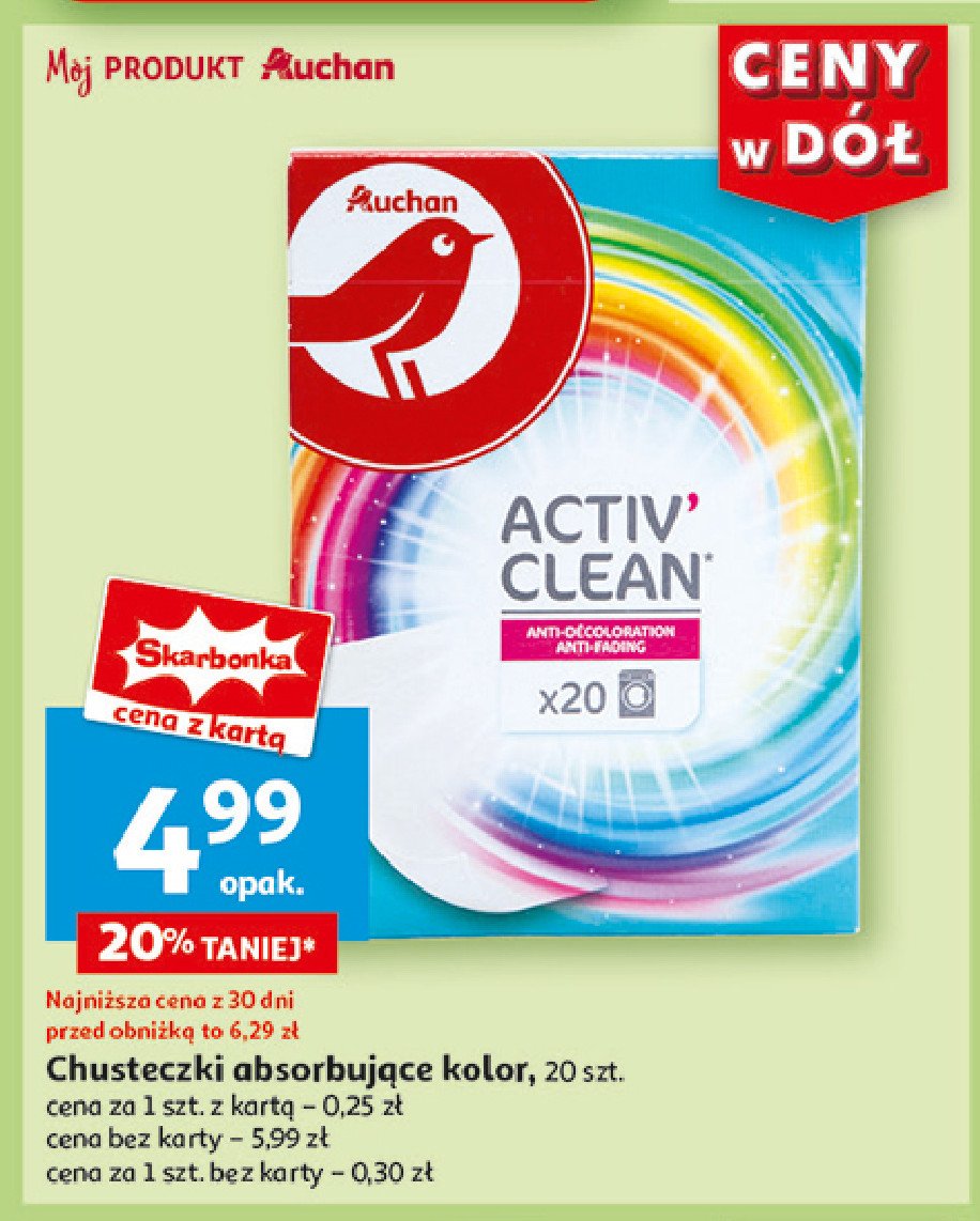 Chusteczki absorbuj膮ce kolor w praniu activ' clean Auchan r贸偶norodne (logo czerwone) promocja