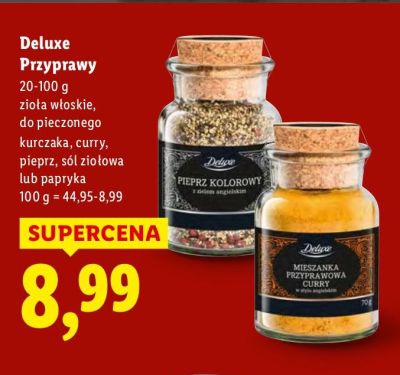 Przyprawy Deluxe Przyprawy ziołą włoskie, do pieczonego kurczaka, curry, pieprz, sól ziołowa lub papryka promocja w Lidl