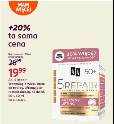 Dzienny krem silnie uj臋drniaj膮cy 50+ aktywny lifting Aa technologia wieku 5repair promocja