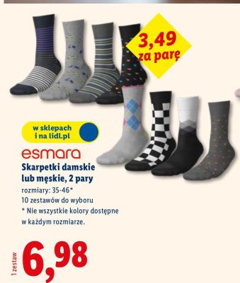 Skarpetki damskie lub męskie esmara, 2 pary rozmiary: 35-46 promocja w Lidl