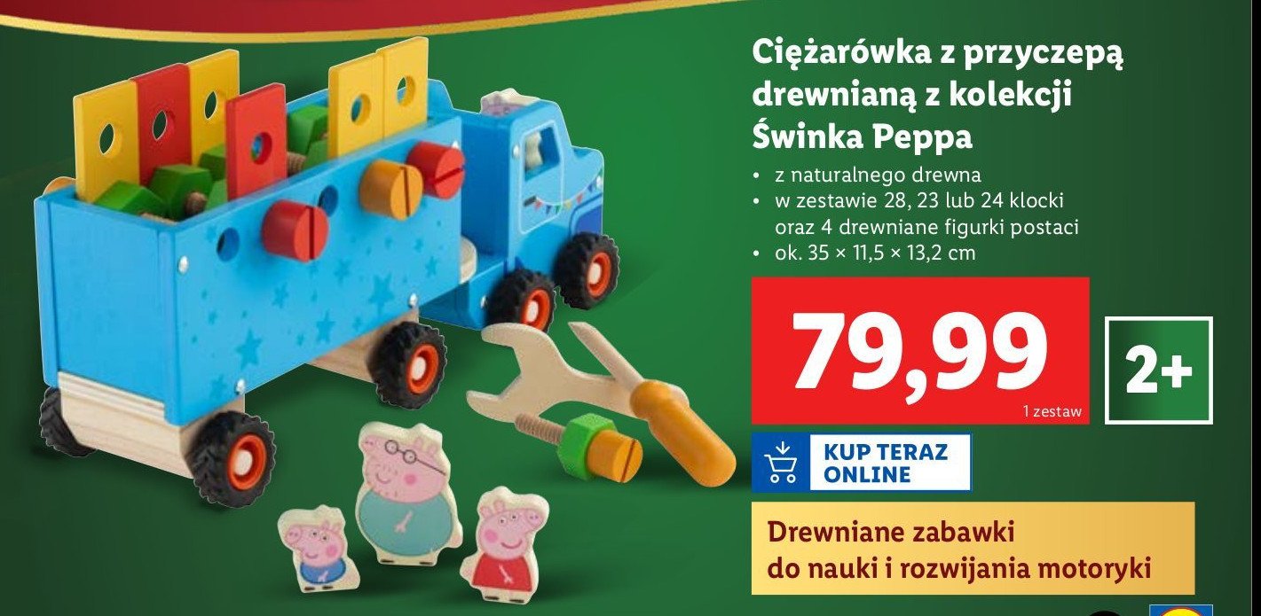 Ciężarówka z przyczepą drewnianą świnka peppa promocja w Lidl