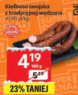 Kiełbasa swojska z tradycyjnej wędzarni promocja w Delikatesy Centrum