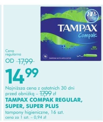 Tampony higieniczne TAMPAX COMPAK REGULAR, SUPER, SUPER PLUS, 16 szt. promocja w Super-Pharm