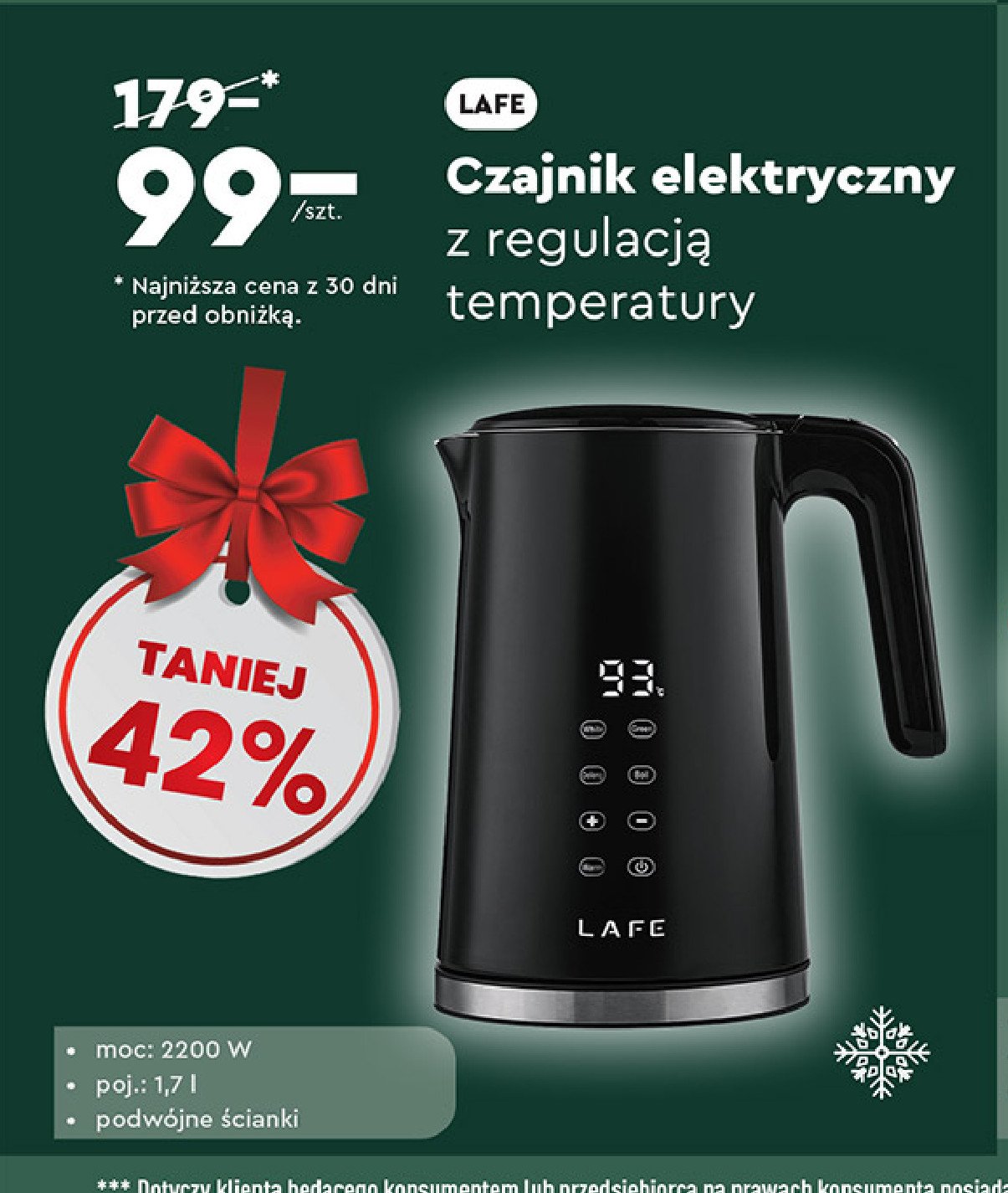 Czajnik elektryczny z regulacją temperatury 1.7 l Lafe promocja w Biedronka