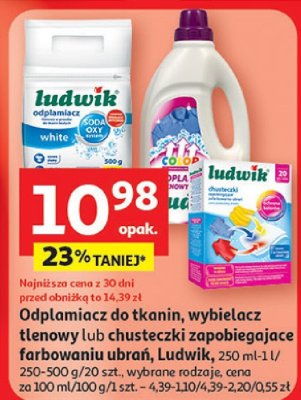 Odplamiacze do tkanin, wybielacz tlenowy lub chusteczki zapobiegające farbowaniu ubrań, Ludwik, 250 ml-1 l/250-500 g/20 szt. promocja w Auchan