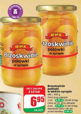 Brzoskwinie połówki w lekkim syropie M&K promocja w Dino