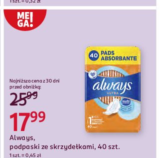 Podpaski normal plus Always ultra 100% protection promocja w Rossmann