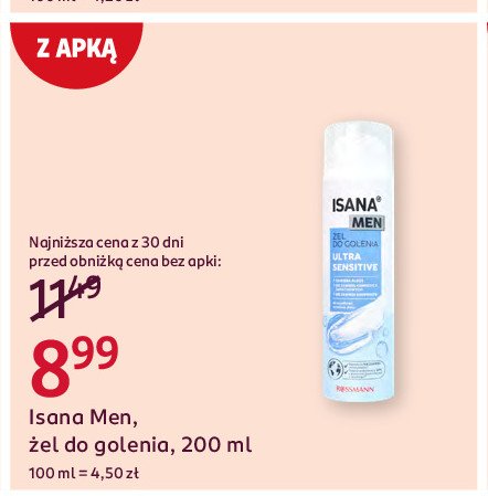 Żel do golenia ultra sensitiv Isana for men promocja w Rossmann