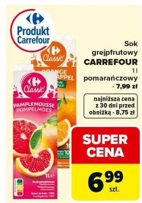 Sok grejpfrutowy Carrefour Classic pomarańczowy 1L promocja w Carrefour
