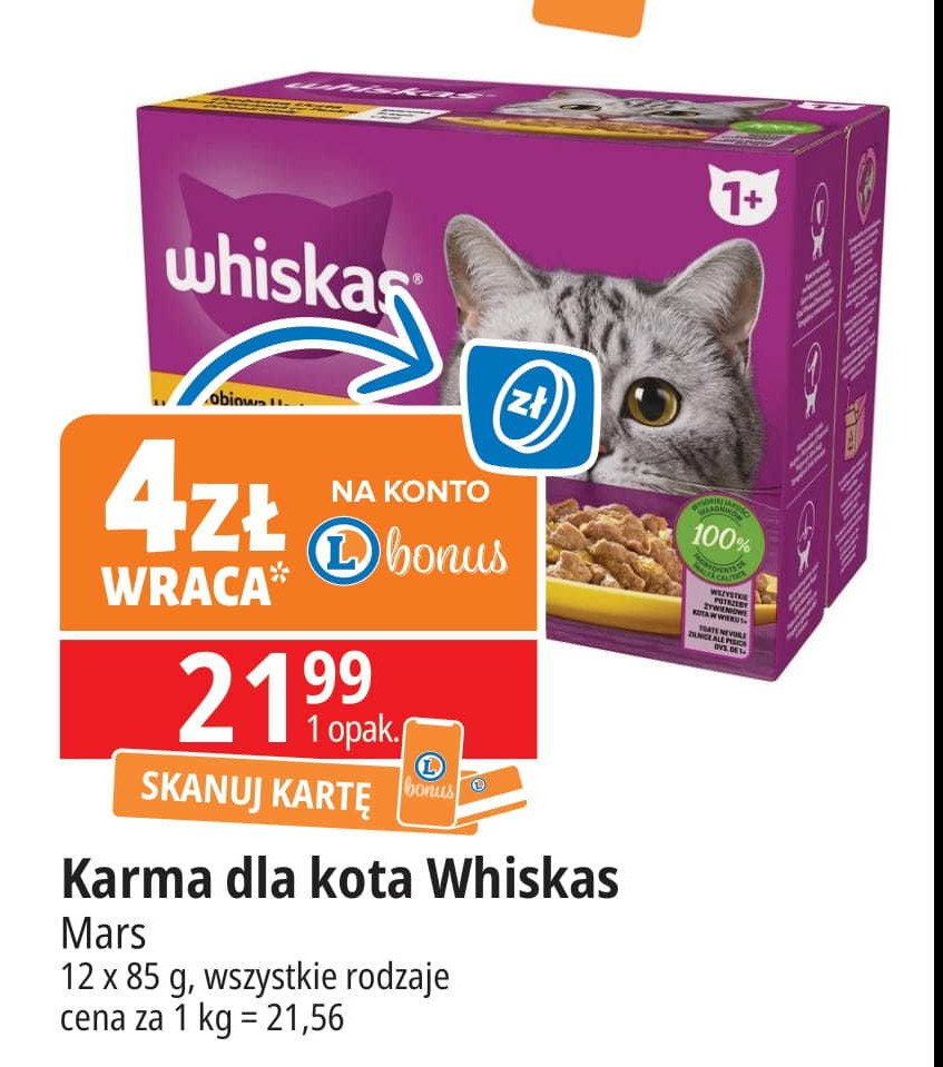 Karma dla kota wybór dań drobiowych w sosie Whiskas promocja w Leclerc