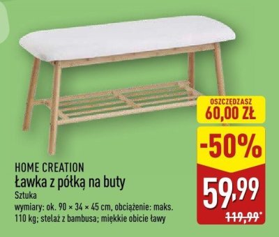 Ławka z półką na buty HOME CREATION - Sztuka wymiary: ok. 90 × 34 × 45 cm, obciążenie: maks. 110 kg; stelaż z bambusa; miękkie obicie ławy promocja w Aldi