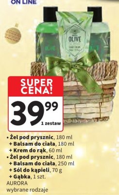 Żel pod prysznic AURORA + Balsam do ciała + Krem do rąk + Żel pod prysznic + Balsam do ciała + Sól do kąpieli + Gąbka promocja w Intermarche
